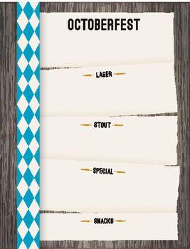 Vector Octoberfest background for beer table menu or flyer. Vintage rustic design with wooden backdrop and rough paper sheets.