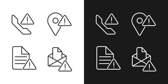 Communication problems pixel perfect linear icons set for dark, light mode. Document is not sent. Calling error. Messenger issue. Silhouette symbols. Solid pictogram pack. Vector isolated illustration
