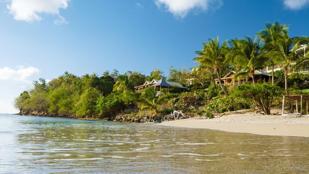 Tropical beach in Saint Lucia Caribbean, white tropical beach at a luxury resort in St Lucia