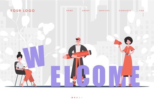 Welcome Landing Page Diverse Team of People Home page for website. Cartoon character style. Vector.