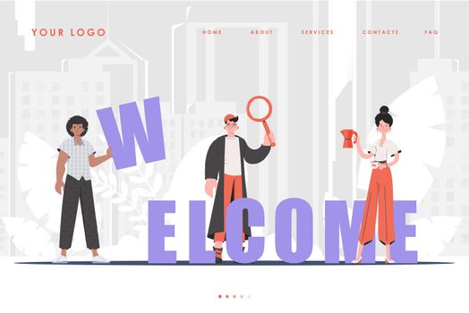 Welcome Landing Page Diverse Team of People Home page for your website. Trendy cartoon character. Vector.