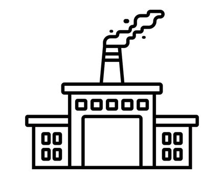 black linear icon of factory with chimney and smoke.