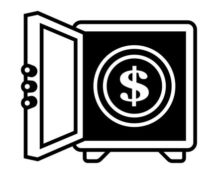 black linear icon of an open safe with money.