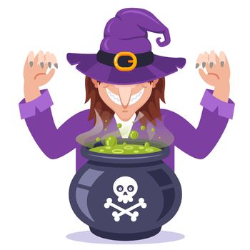 witch prepares a potion in an iron pot.