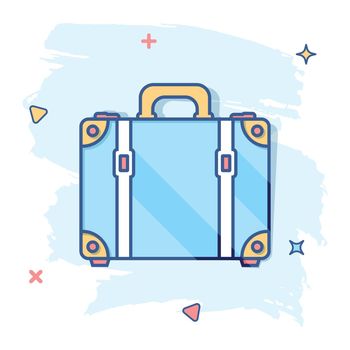 Vector cartoon suitcase icon in comic style. Case for tourism, journey, trip sign illustration pictogram. Suitcase business splash effect concept.
