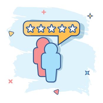 Vector cartoon customer reviews, user feedback icon in comic style. Rating sign illustration pictogram. Stars rating business splash effect concept.