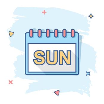 Vector cartoon sunday calendar page icon in comic style. Calendar sign illustration pictogram. Sunday agenda business splash effect concept.