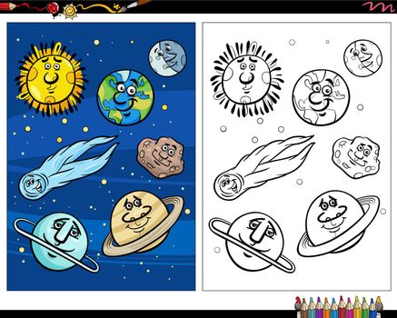 cartoon planets and orbs in space coloring page