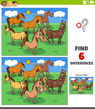 differences game with cartoon horse characters group