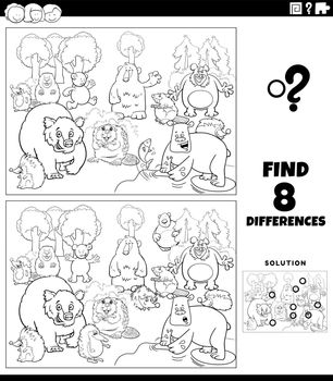 differences game with cartoon wild animals coloring book page