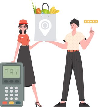 Woman courier holds a package with groceries. Delivery concept. Isolated. trendy style. Vector.