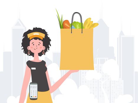 Home delivery concept. A woman delivers a package of products. Cartoon style. Vector.