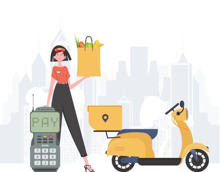 Delivery concept. A woman delivers a package of products. Cartoon style. Vector.