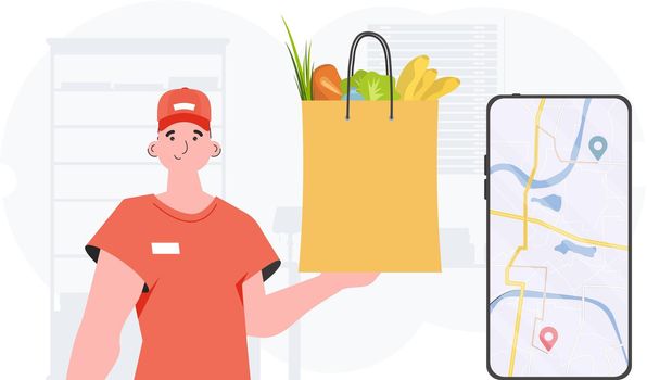 Delivery concept. A man delivers a package of products. trendy style. Vector.