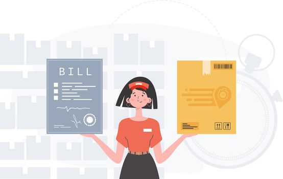 Delivery concept. A woman courier is holding a box and a check. Trendy flat style. Vector.