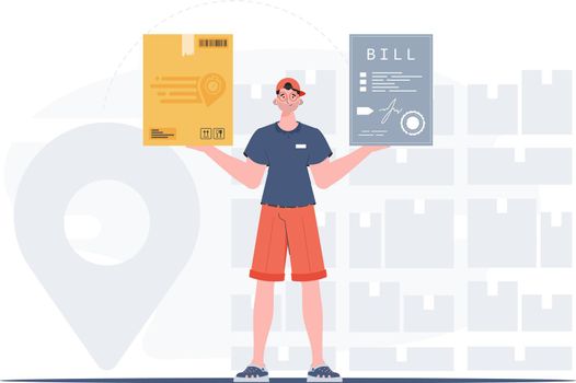 Delivery concept. Male courier holds parcel and check. Cartoon style. Vector.
