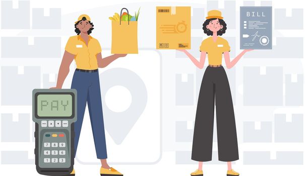 Delivery concept. Food and parcel delivery people team. Finished banner. Cartoon style. Vector.