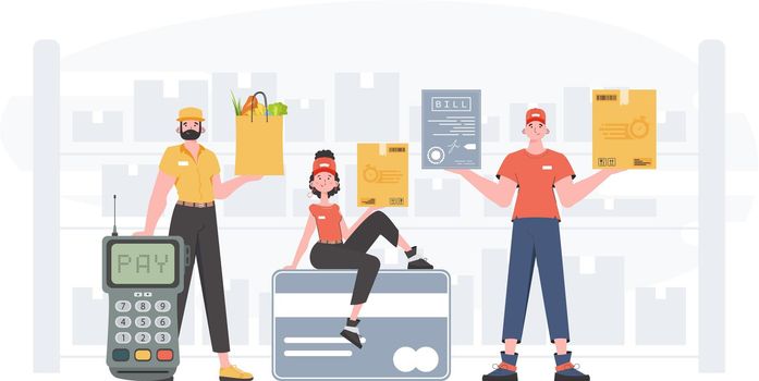 Food and parcel delivery people team. Delivery concept. Finished banner. Cartoon style. Vector.