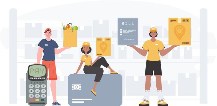 Food and parcel delivery people team. Home products. Food delivery. Finished poster. Trendy flat style. Vector.