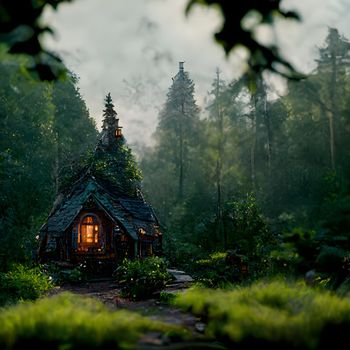 A cottage in magic green forest, fantasy artwork with volumetric lighting, neural network generated art