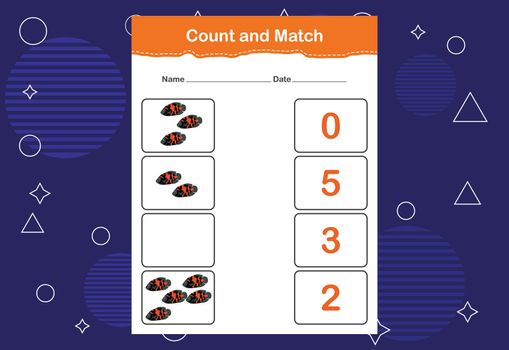 Count and match with the correct number. Matching education game. Count how many items and choose the correct number
