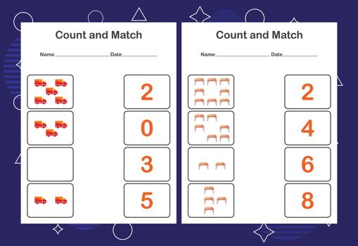 Count and Match worksheet for kids. Count and match with the correct number. Matching education game.