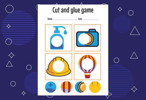 Cut and glue game for kids. Cutting practice for preschoolers. Education paper game for children