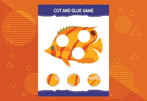 Cut and glue game for kids with fish. Cutting practice for preschoolers. Education worksheet.