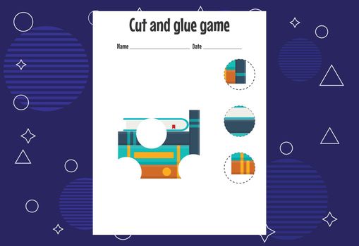 Cut and glue game for kids with fruits. Cutting practice for preschoolers. Education page