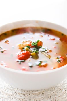 Hot vegetable soup in bowl, comfort food and homemade meal