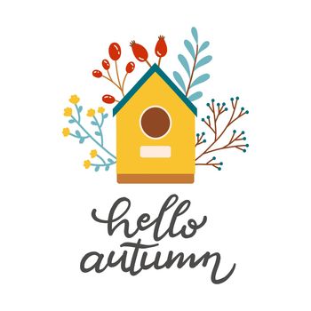 Hello autumn birdhouse fall season vector elements
