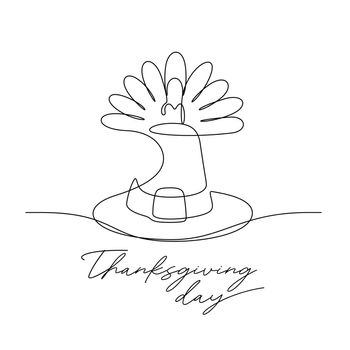continuous line drawing of turkey and pilgrim hat celebrate thanksgiving day