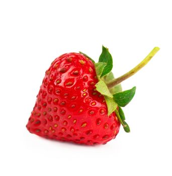 Single Strawberry with green leaf isolated on white background