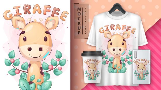 Cute giraffe in leaf poster and merchandising