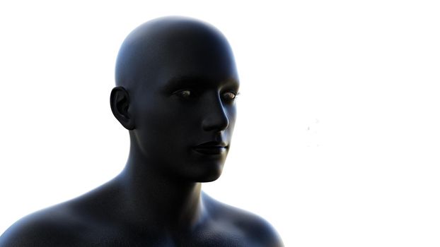 3D render. Portrait of a black bald man on a white background.