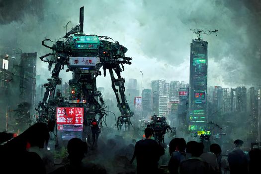 giant robot defender in taiwan city surrounded with crowd of people, neural network generated art