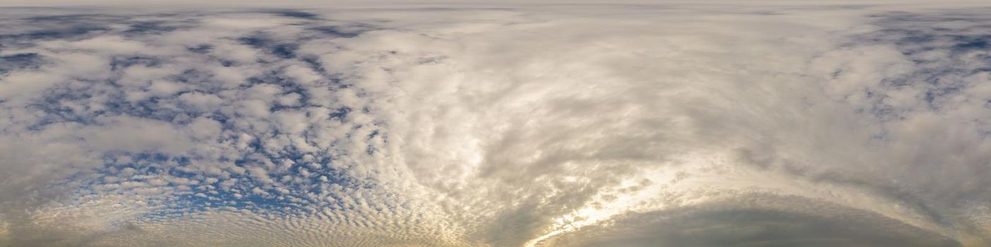 Overcast sky panorama on rainy day with Stratocumulus clouds in seamless spherical equirectangular format. Full zenith for use in 3D graphics, game and for aerial drone 360 degree panorama as sky dome