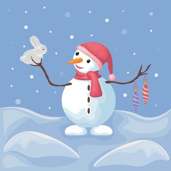 A snowman with a rabbit. Winter illustration depicting a cute snowman with Christmas tree toys. A cheerful snowman in a hat and scarf holds a rabbit in his hands. Vector illustration of Christmas