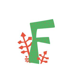 Bright letter F in cut out collage style. Hand drawing isolated vector illustration with herbs