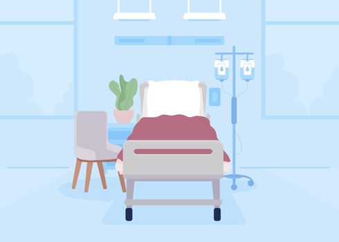 Empty bed in hospital ward flat color vector illustration