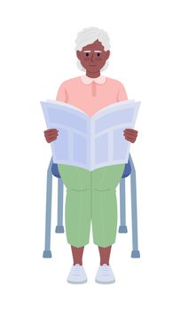 Old woman reading newspaper semi flat color vector character
