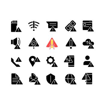Warning signals black glyph icons set on white space