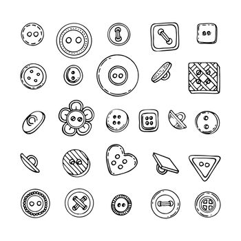 Set sewing buttons line art. Sewing accessories clothes various shapes. Hand drawn vector illustration.