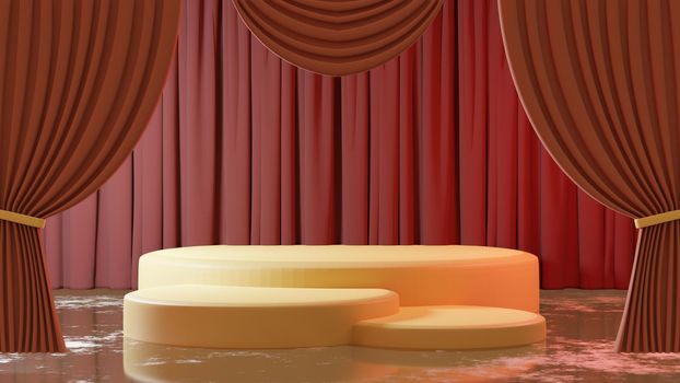 Theater stage with product podium and retro style curtain background 3D illustration render.