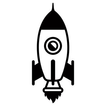 black linear icon of a spaceship flying into space.