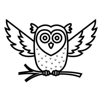 black linear icon owl flies and holds a branch in its paws.