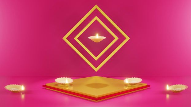 Indian festival Happy Diwali with Diwali props, holiday Background with product podium, Diwali celebration, 3D illustration rendered.