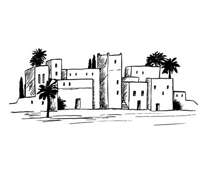 Landscape with old city of Saudi or Jordan. Pencil sketch of traditional Islamic architecture on white background.