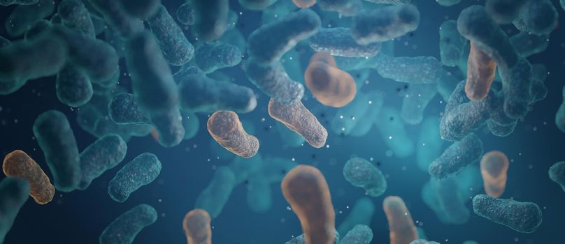 Micro bacterium and therapeutic bacteria organisms. Microscopic salmonella, lactobacillus or acidophilus organism 3D Render