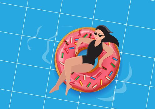 Young woman relaxing in a bathing suit in the water on an inflatable donut ring. View from above. Vector illustration.